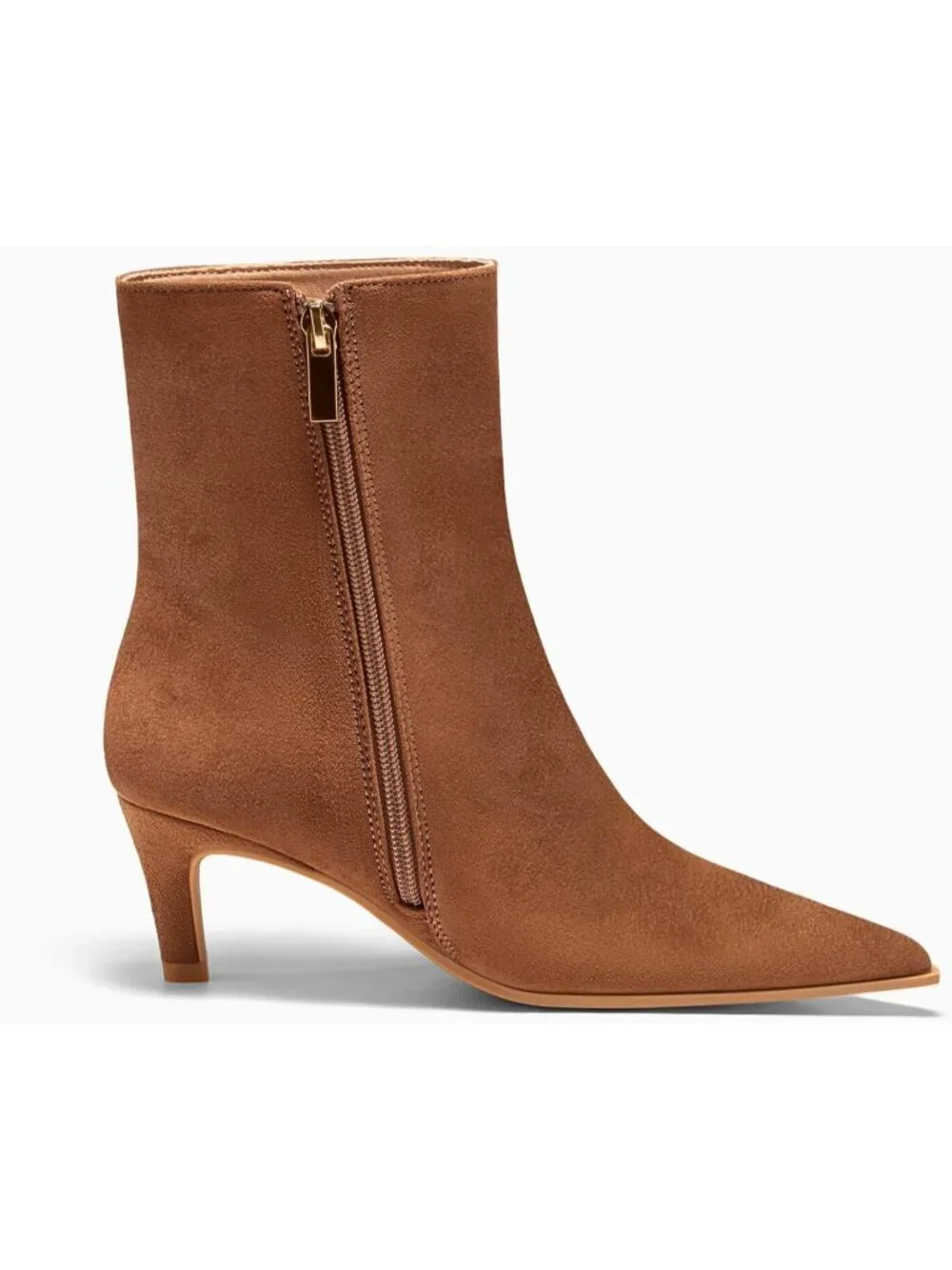 Women's Brown Suede Kitten Heel Faux Leather Pointed Toe Side Zipper Ankle Boots